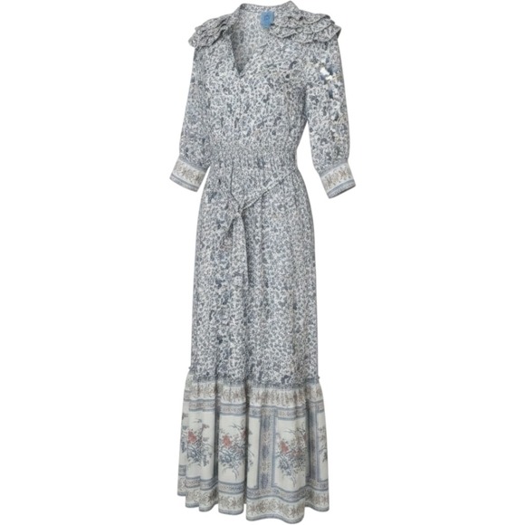 CeCe Dresses & Skirts - Cece Long Sleeve Maxi Dress Womens Small Blue Floral Ruffle Collar Smocked Waist
